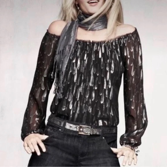 WHBM Black & Silver Metallic Teardrop Long Sleeve Top - Picture 1 of 9